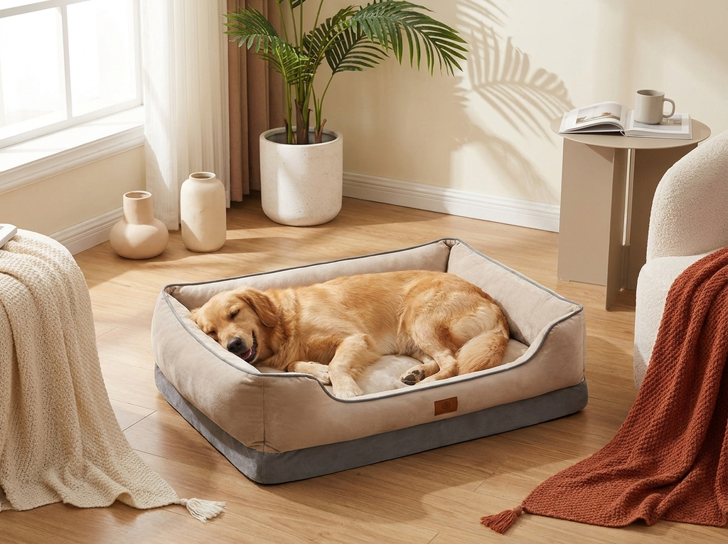 Ultra-Plush Calming Pet Bed — golden retriever sleeping peacefully in a cozy home setting