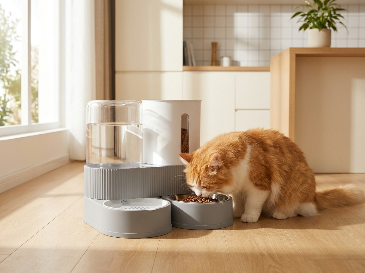 2-in-1 Automatic Pet Food & Water Dispenser — cat eating from modern feeder in a cozy kitchen