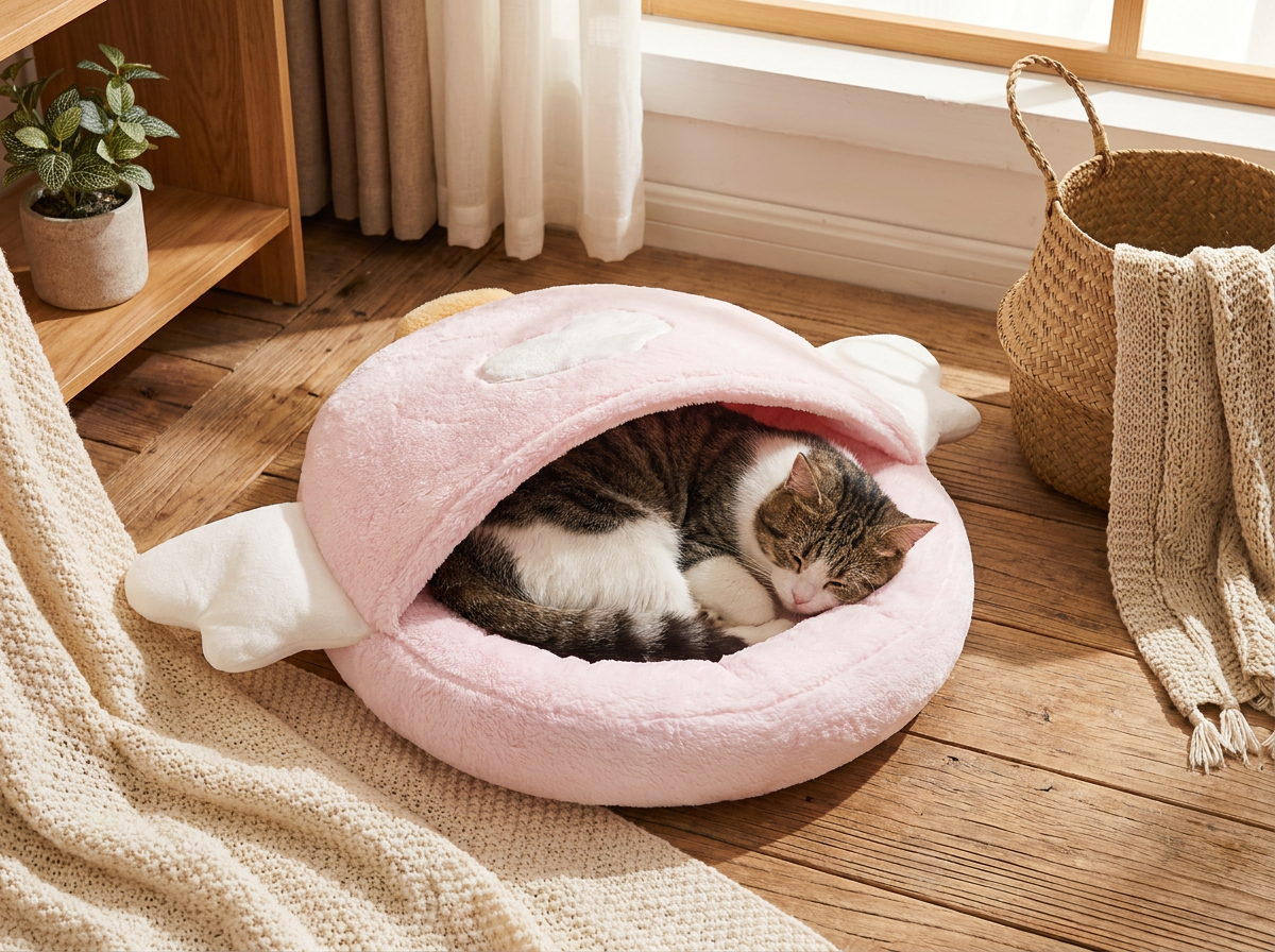 Cozy Cave Cat Bed — cat sleeping peacefully inside warm semi-enclosed hideaway