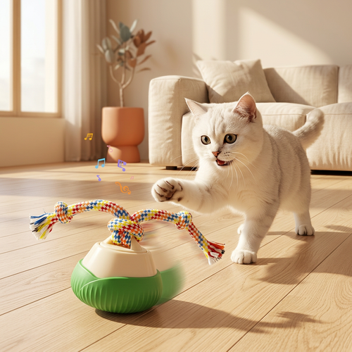 White cat playing with 360 degree interactive rolling cat toy