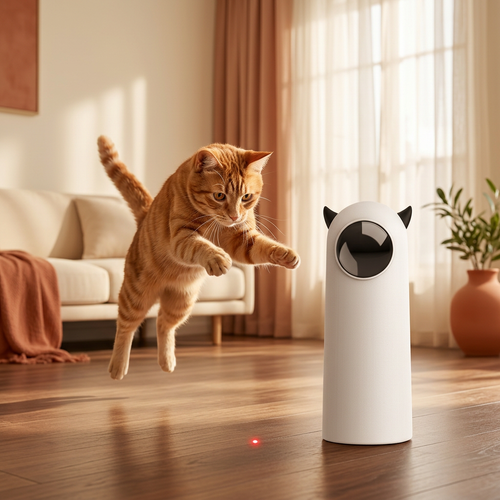 Orange tabby cat pouncing at infrared auto cat teaser toy