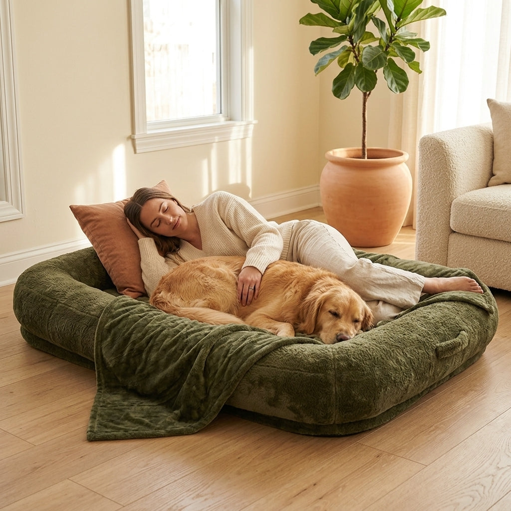 Person and golden retriever lying together on oversized human dog bed in cozy living room