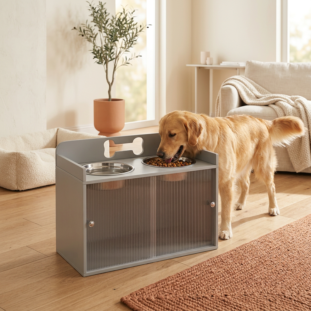 Golden retriever eating from premium gray elevated dog feeding station with cabinet storage