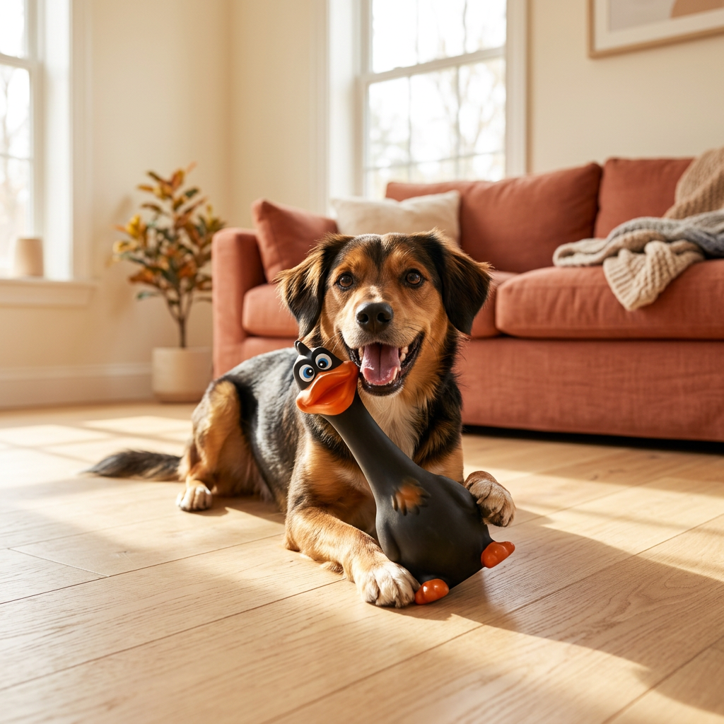 Happy dog playing with black squeaky duck toy on light wood floor