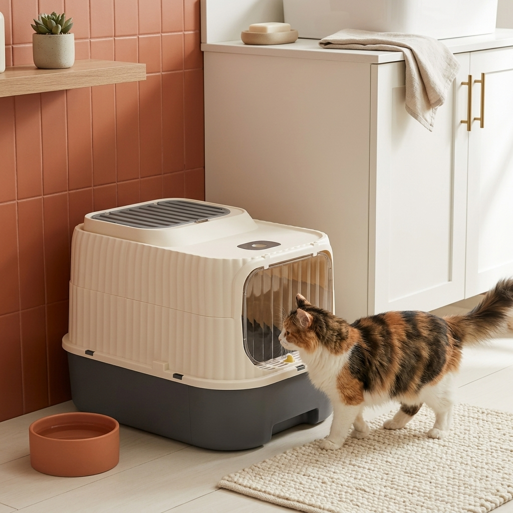 Cat sitting beside hooded enclosed litter box in minimalist home