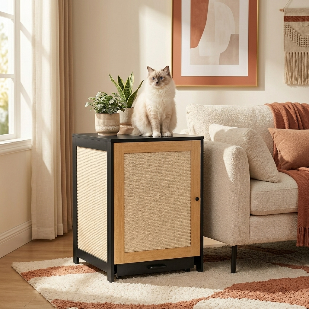 Elegant white cat sitting on top of hidden cat litter box enclosure cabinet in cozy living room