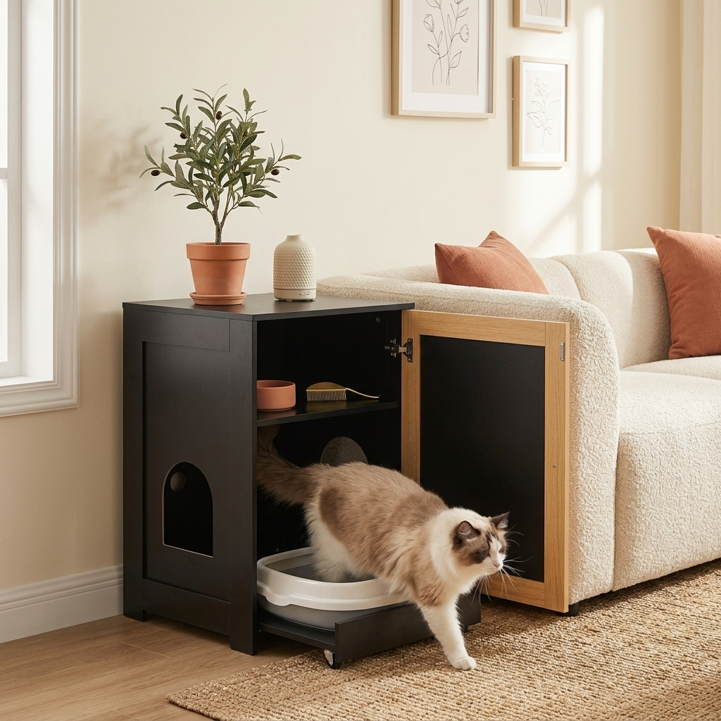 Cat leaving hidden litter box enclosure cabinet through arched entrance