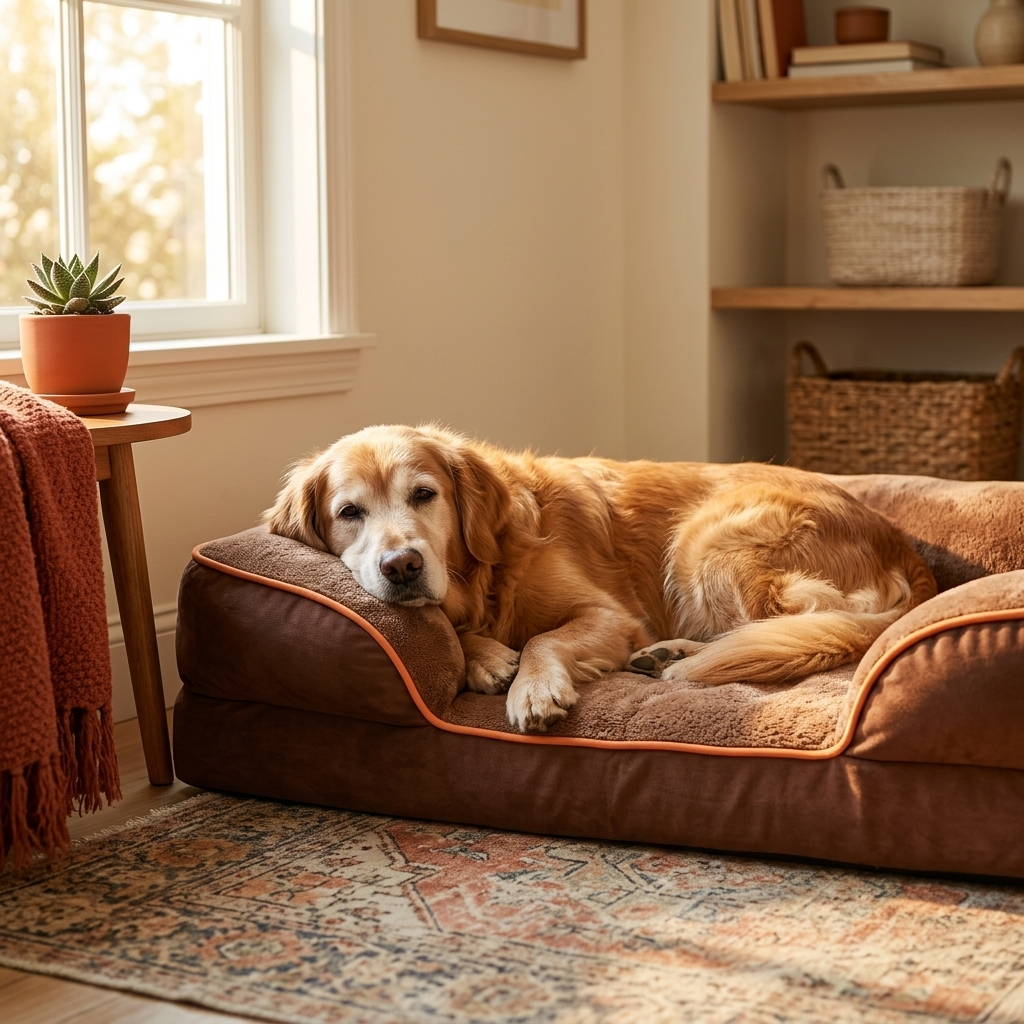 Senior golden retriever resting peacefully on orthopedic memory foam dog bed in cozy living room