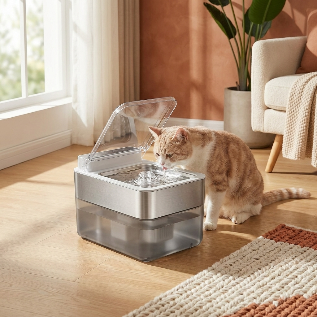 Stainless steel pet water fountain in a cozy home with a cat drinking