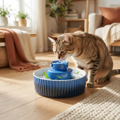 Ceramic pet water fountain in a cozy home with a cat drinking