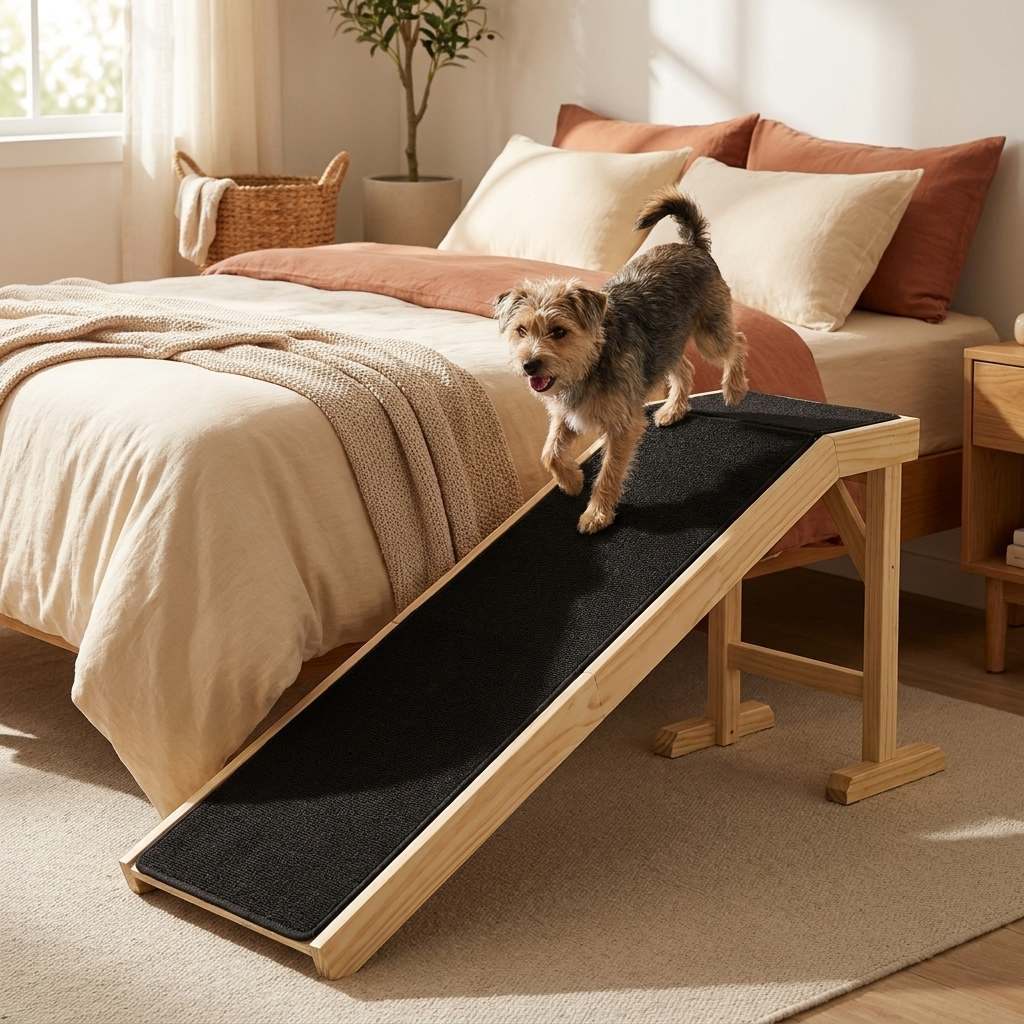 Solid wood pet ramp beside a bed with a small dog walking up