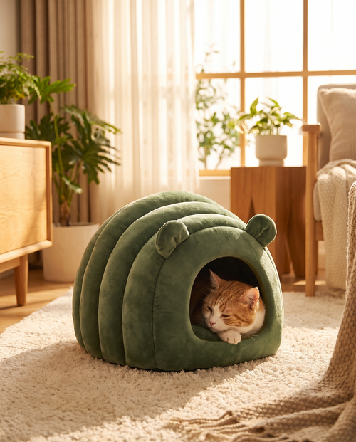 Caterpillar Cuddle Nest — Dark Green cocoon-style cat bed with cat curled inside, cozy home lifestyle setting