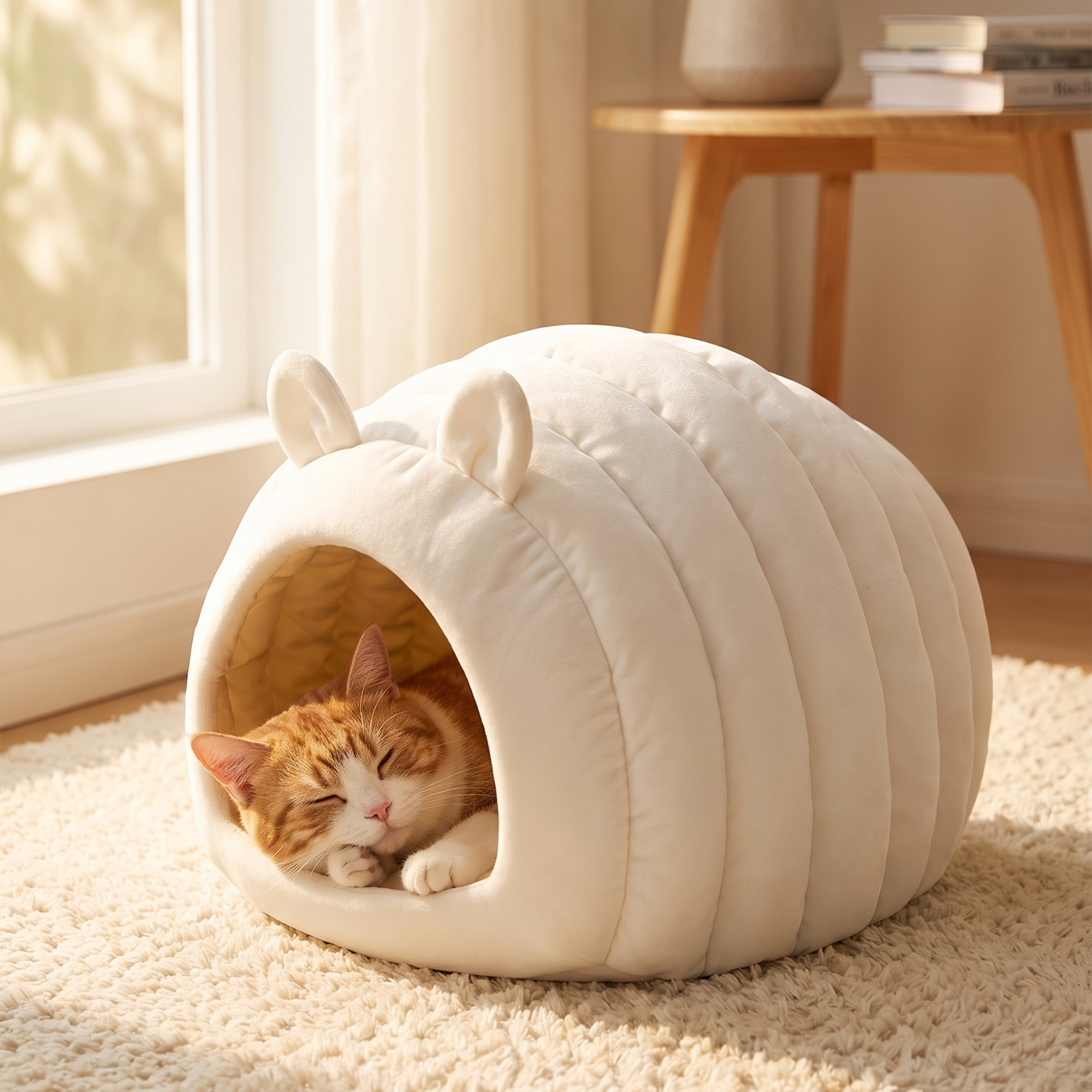 Caterpillar Cuddle Nest — White cocoon-style cat bed with cat curled inside, cozy home lifestyle setting