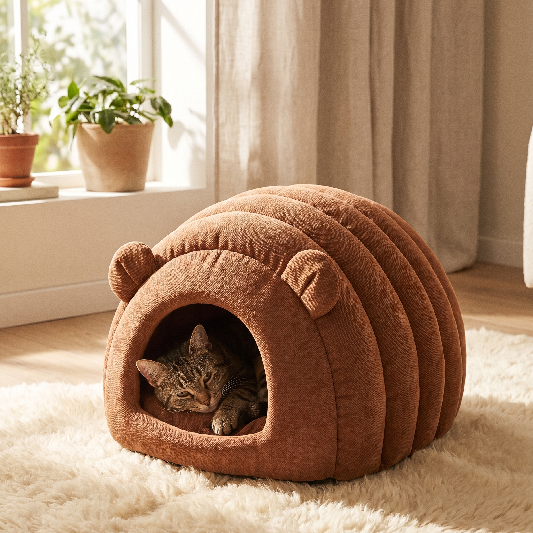 Caterpillar Cuddle Nest — Chestnut cocoon-style cat bed with cat curled inside, cozy home lifestyle setting