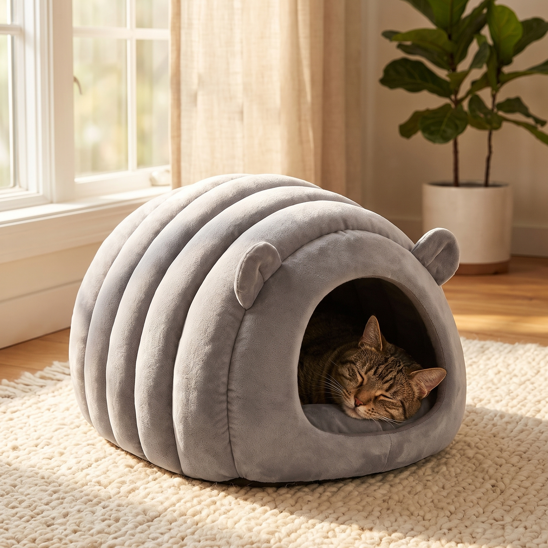 Caterpillar Cuddle Nest — Light Grey cocoon-style cat bed with cat curled inside, cozy home lifestyle setting