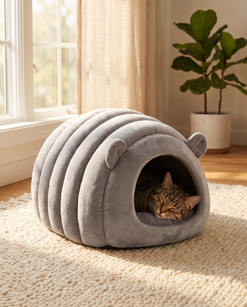 Caterpillar Cuddle Nest — Light Grey cocoon-style cat bed with cat curled inside, cozy home lifestyle setting