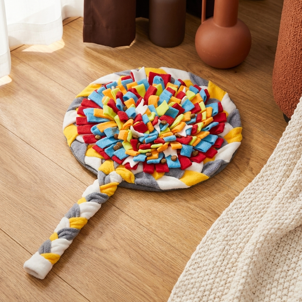 Swirl snuffle mat for dogs with kibble tucked in braided fleece folds on warm oak floor — Pethood