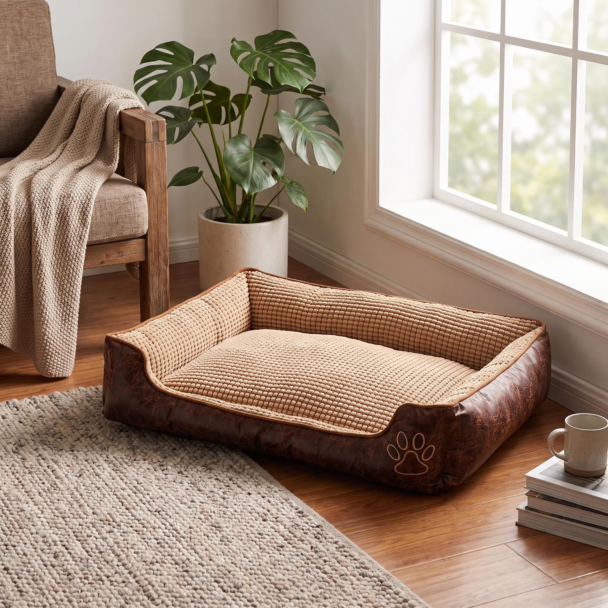 Coffee brown bolster pet bed in cozy living room