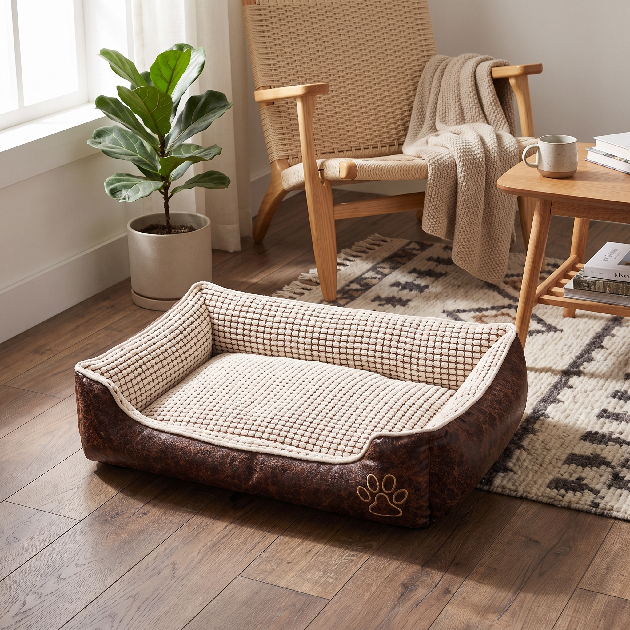 Rice white bolster pet bed in cozy living room