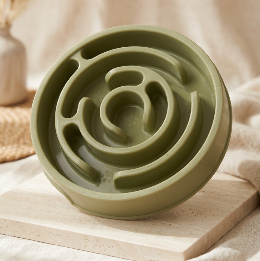 Green silicone slow feeder maze bowl styled on a cream background