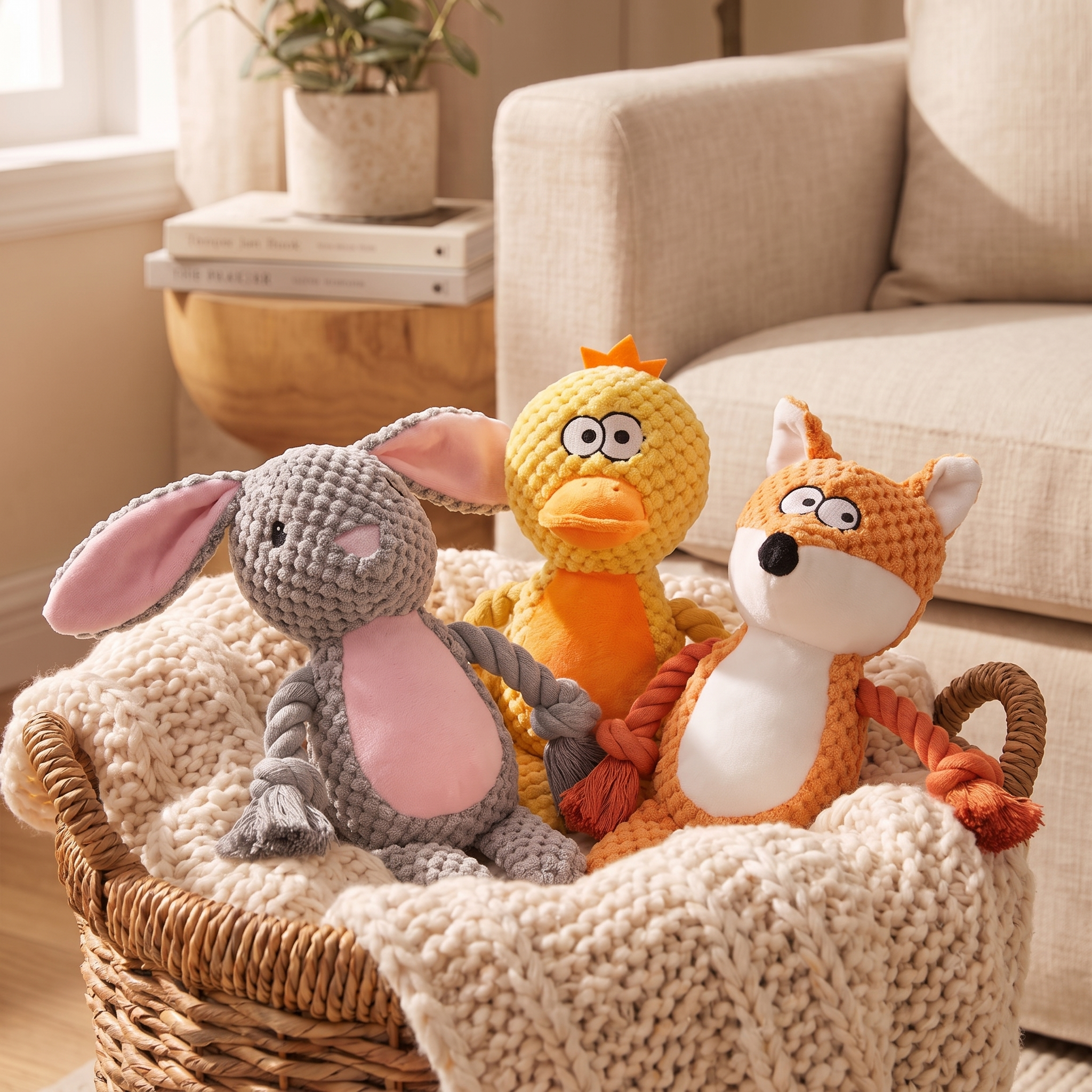 Corduroy Squeaky Friends — Plush & Rope Dog Toy
