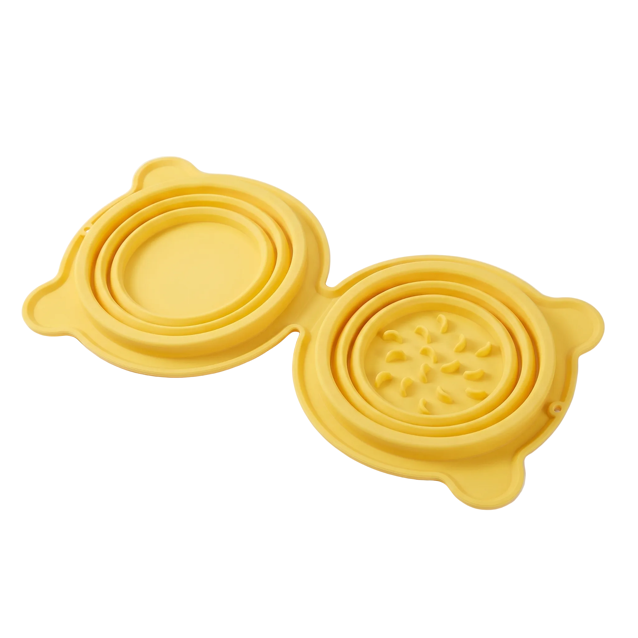 Yellow silicone collapsible drink coaster with a bear face design, shown open on a white background.