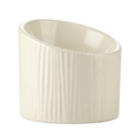An off-white ceramic cup with a slanted oval shape and vertical fluted texture on the exterior, shown against a plain white background.