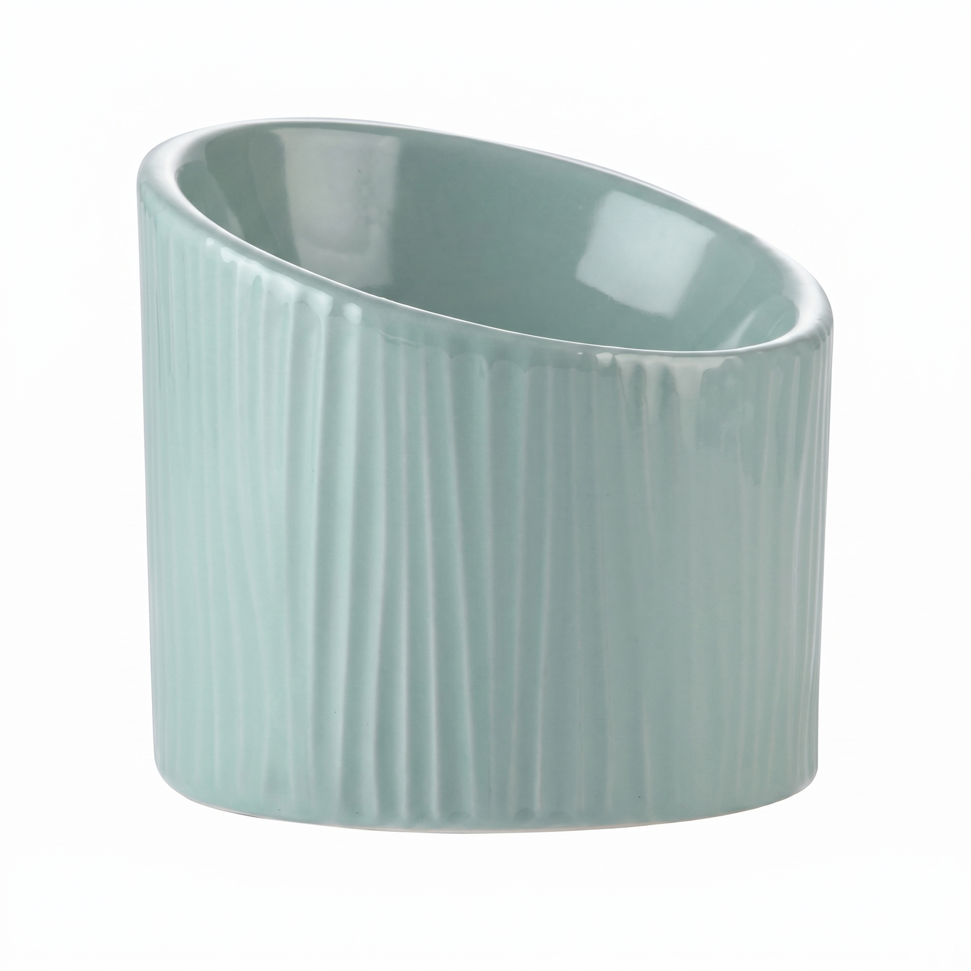 A mint green ceramic cup with a fluted vertical texture, shown on a plain white background.