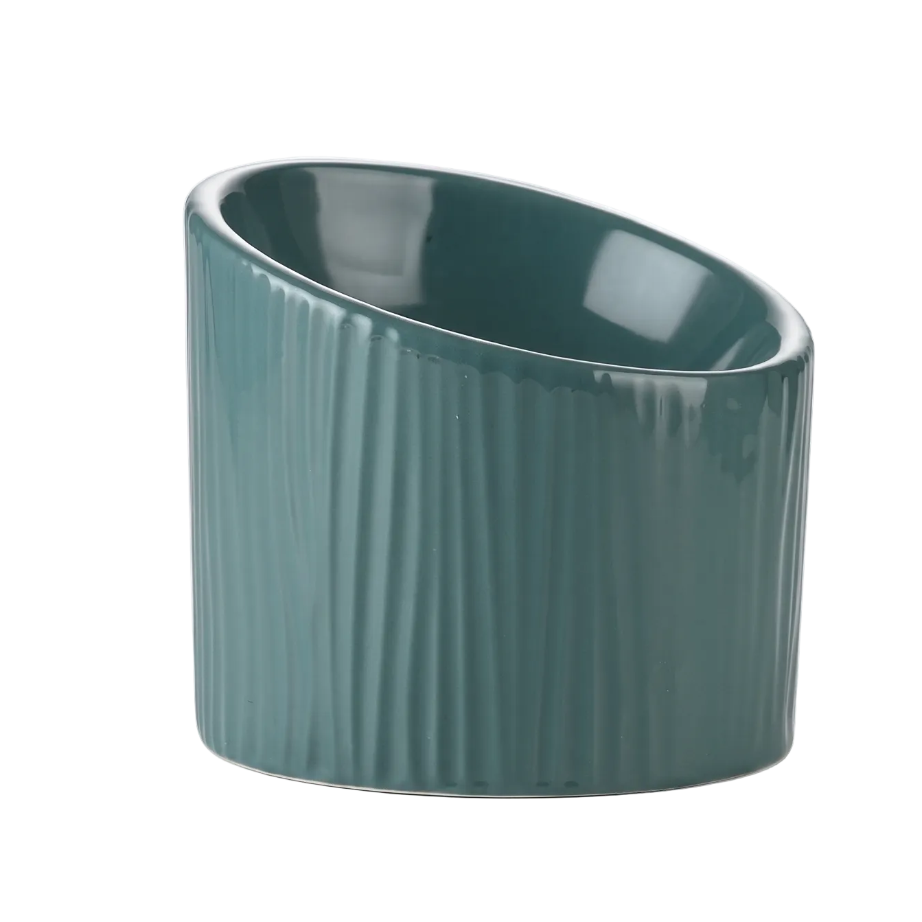 A dark teal green ceramic cup with a ribbed vertical texture, shown on a clean white background.