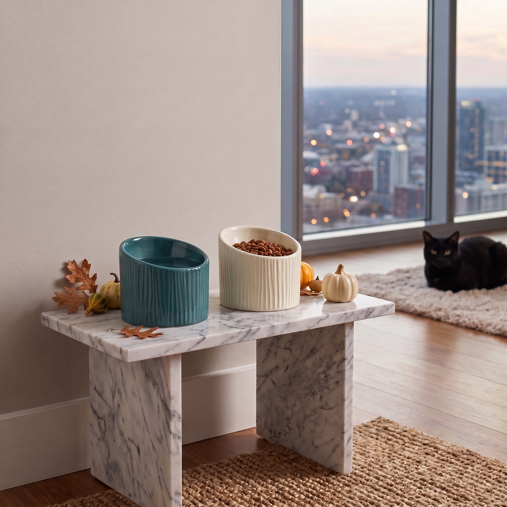 Tilted Ceramic Pet Bowl — Ribbed, Raised Design