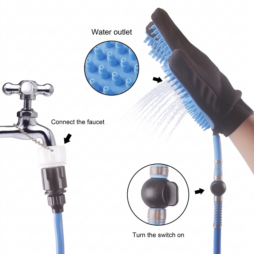 Pet Bathing Glove — Sprayer & Scrubber with 7.5 ft Hose