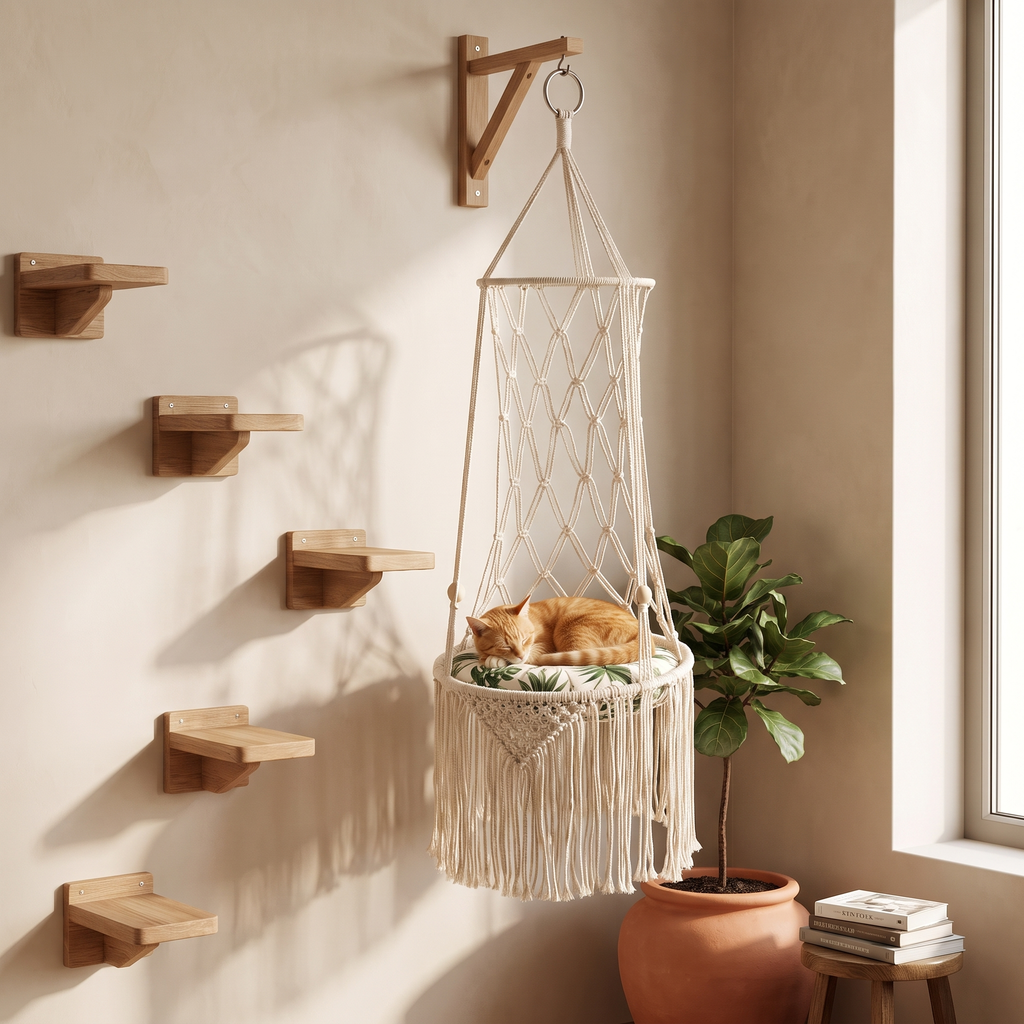 Macramé Hanging Cat Swing — Boho Cotton Bed with Cushion